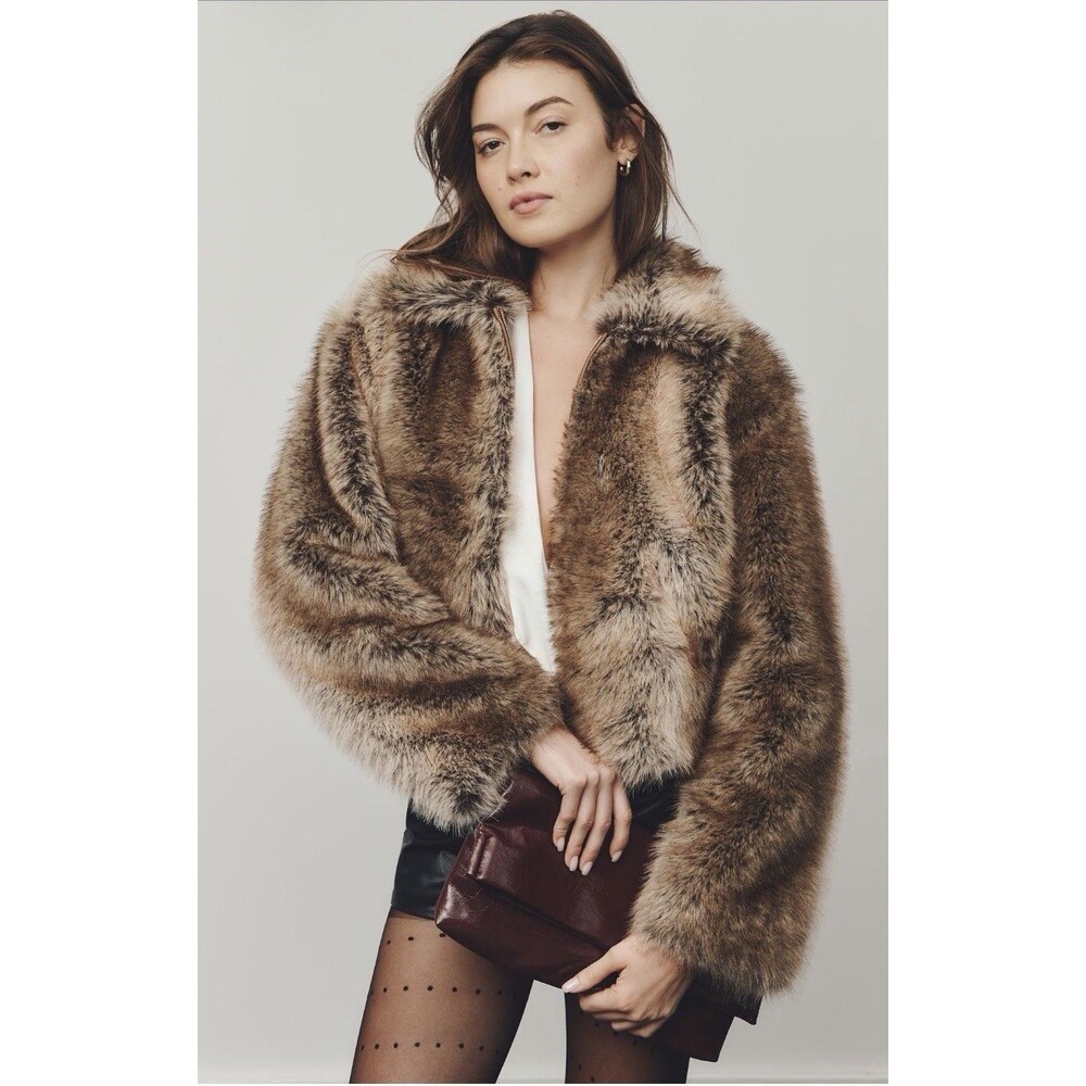 Anthropologie Maeve Crop Jacket Brown Rae Faux Fur Preppy Cozy Retro Medium NWT